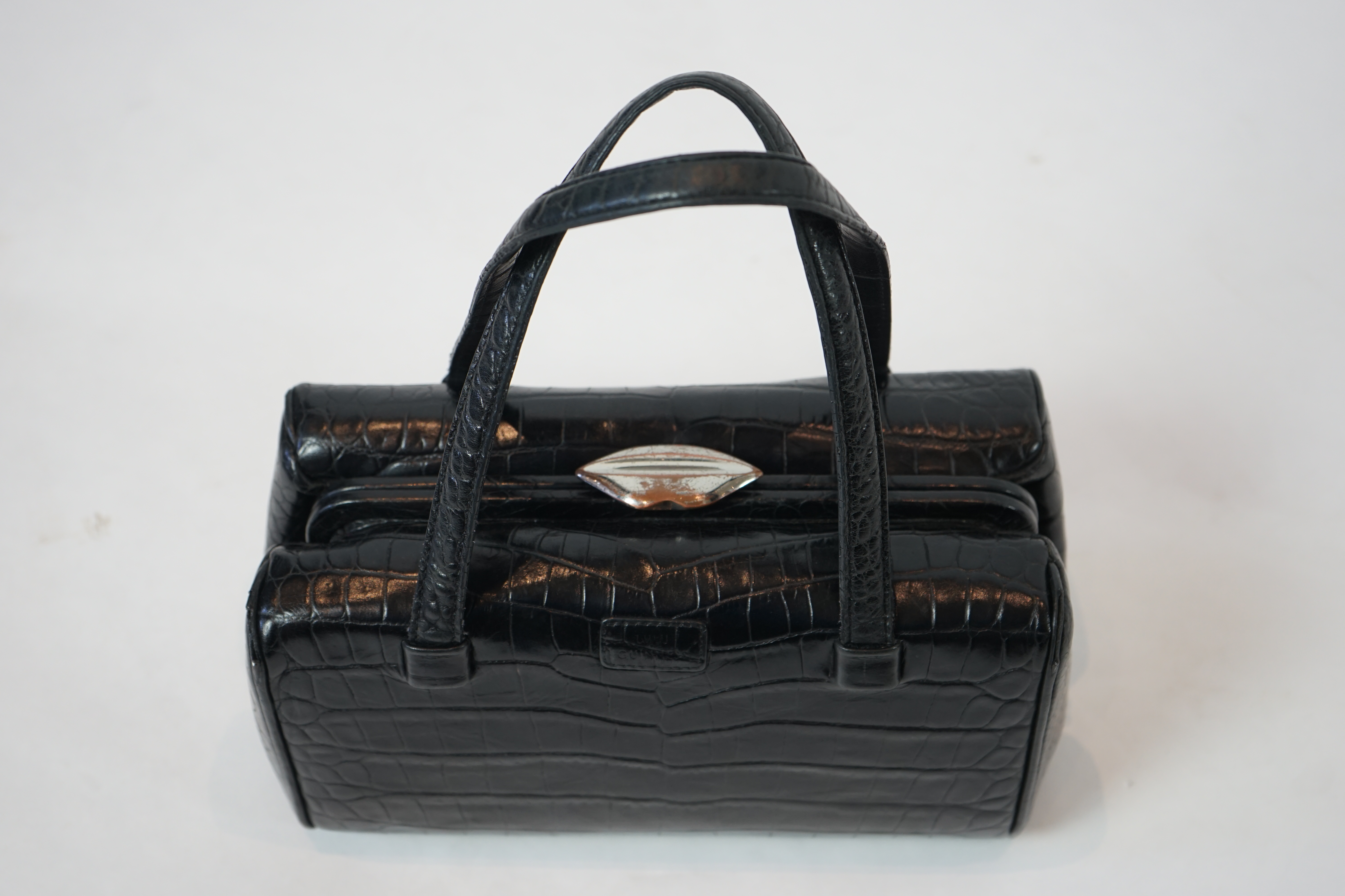 A vintage Lulu Guinness black leather mock croc handbag